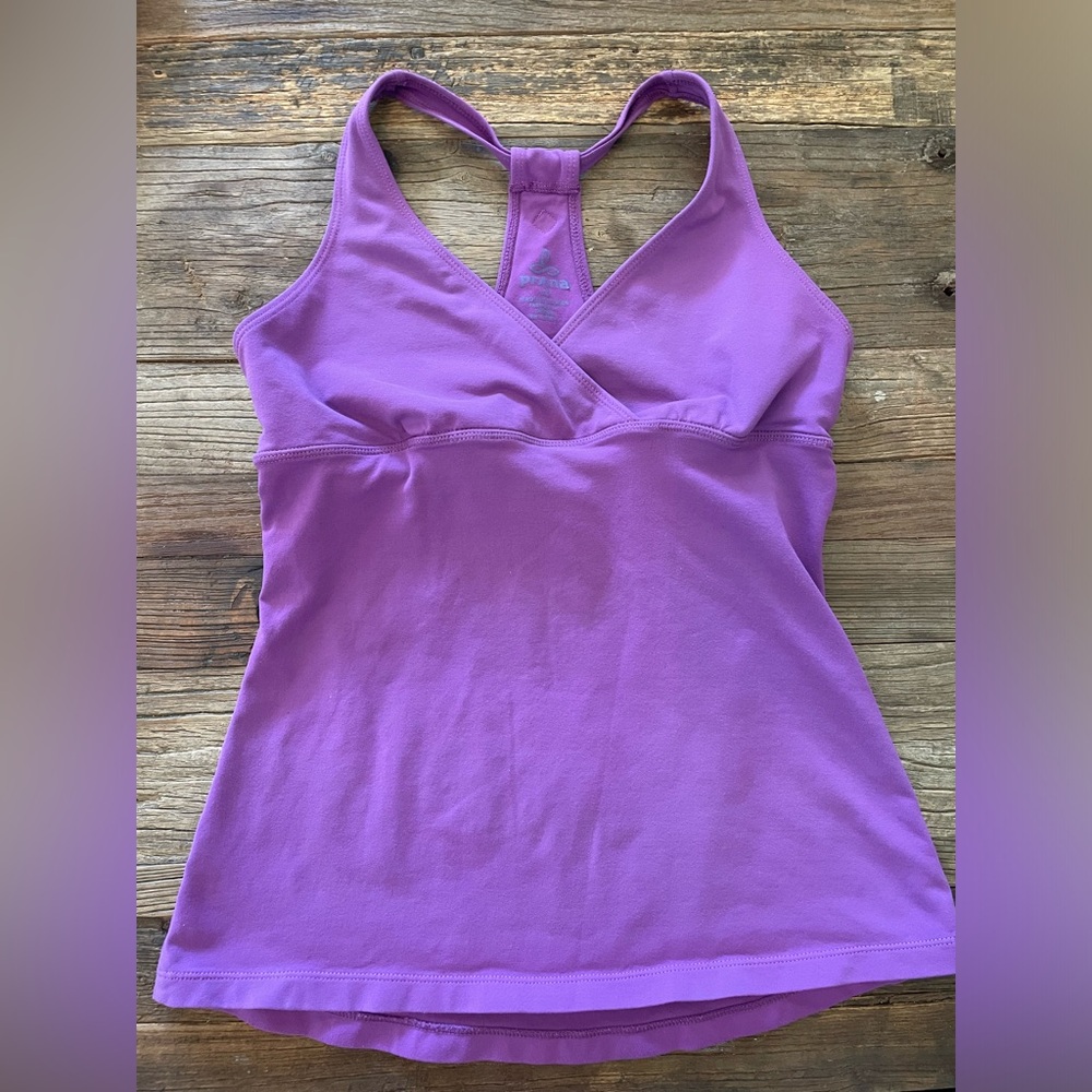 Prana XS purple cross racerback over tank with built in shelf bra.